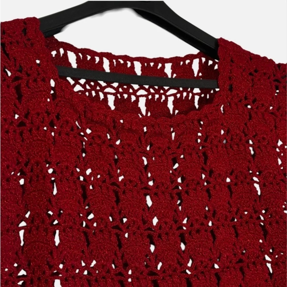 Red Crochet Lace Top VTG Handmade Sweater Vest M Parisian Vintage Artisan Boho